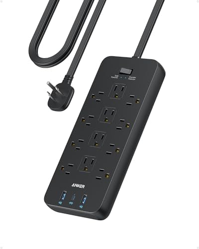 Anker Surge Protector Flat Plug Power Strip(2100J), 12 AC Outlets, 5feet Flat Extension Cord, 1USB C and 2 USB Ports for Multiple Devices, 20W Fast Charging for Home, Office, Dorm Essential, TUV