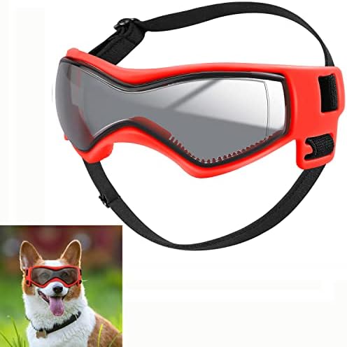 QUMY Dog Goggles UV Protection Eye Wear Protection, Dog Sunglasses Windproof Anti-Fog, Pet Glasses for Small to Medium Breed Dog Outdoor Riding Driving (Red)
