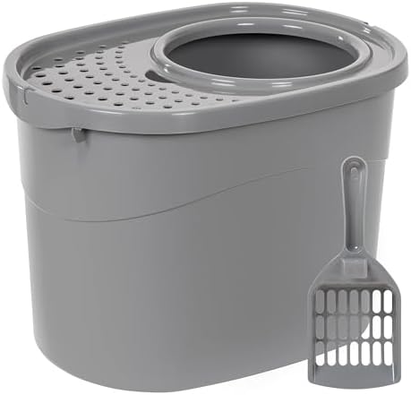 Amazon Basics Large Cat Litter Box with High Sides, Top Entry, Includes Scoop, 20.5 x 14.75 x 14.38 inches, Grey