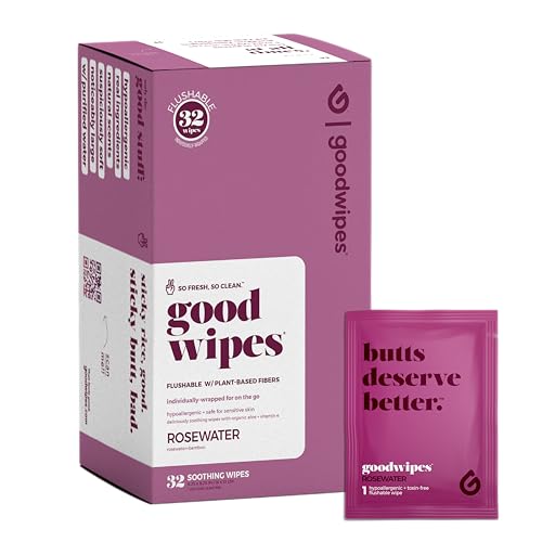Goodwipes Flushable Wipes – Made with Vitamin E & Aloe – Soft, Individually Wrapped Butt & Feminine Cloths for On-the-Go & Travel Use – Largest Adult Toilet Towelettes – Rosewater, 1 pack, 32 count