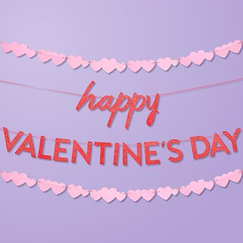 KatchOn, Glitter Happy Valentines Day Banner - 10 Feet, Pre Strung | Valentines Banner, Valentines Garland for Mantle | Valentines Day Garland | Red Pink Heart Garland for Valentines Day Decorations