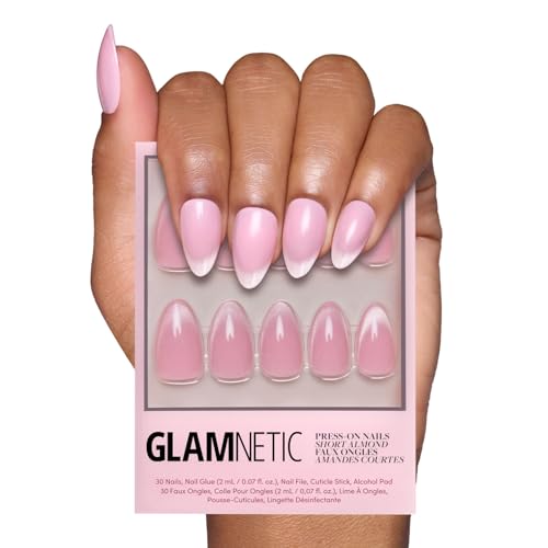 Glamnetic Press On Nails - Lovers Blush | Pink Short Almond Nails with Glossy Velvet Finish, Reusable Stick On Fake Nails with Glue | Love In Bloom Spring Nails | 15 Sizes - 30 Nail Kit with Glue