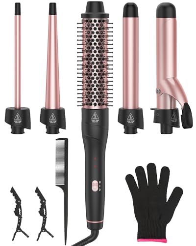 ANIEKIN 5 in 1 Curling Iron Set, Fast Heat Up Curling Wand from 3/8 to 1 1/4 Inch and a Thermal Brush Come with, Dual Voltage Hair Curler for Women All Hair Types and Travel Use
