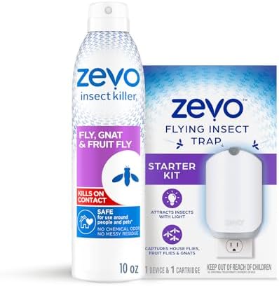 Zevo Flying Insect Bug Spray: Aerosol Spray Kills Fruit Flies, Gnats, Mosquitoes and Moths + Zevo Flying Insect Trap for Indoors (1 Bottle + 1 Plug-in Base + 1 Cartridge)