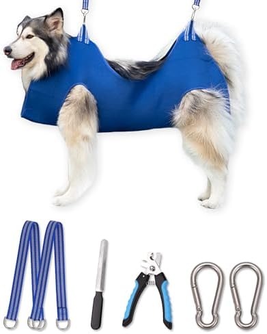 10 in 1 Dog Pet Grooming Hammock Harness with Nail Clippers/Trimmer, Nail File,Dog Nail Hammock, Dog Grooming Sling for Nail Trimming/Clipping (XXXL/Under 130lb, Blue)