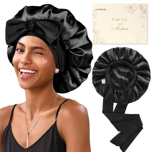 YANIBEST Double Layer Silk Satin Bonnet for Sleeping Women Printed Pattern Satin Bonnet with Tie Band for Women Curly Natural Hair