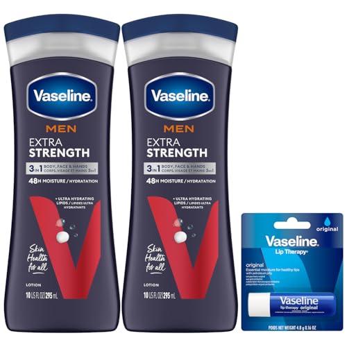 Vaseline Lotion for Men Extra Strength 3-in-1 for Face, Hands & Body + Original Lip Therapy for Dry Lips with Petroleum Jelly (3 Piece Set)