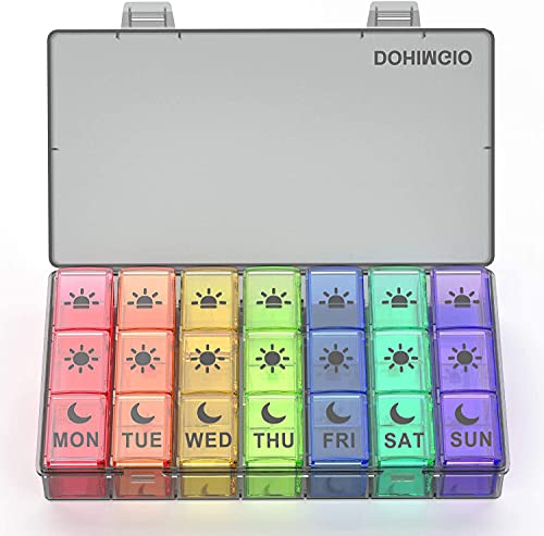 7 Day Pill Box Organiser 3 Times a Day, Large Weekly Pill Box Case with 21 Compartments for Morning Noon Evening - Rainbow Colour