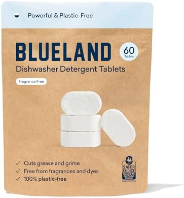 BLUELAND Dishwasher Detergent Tablets, 60 Count, Unscented Plastic-Free Eco Friendly Dishwashing Pods, Natural, Non Toxic, Sustainable