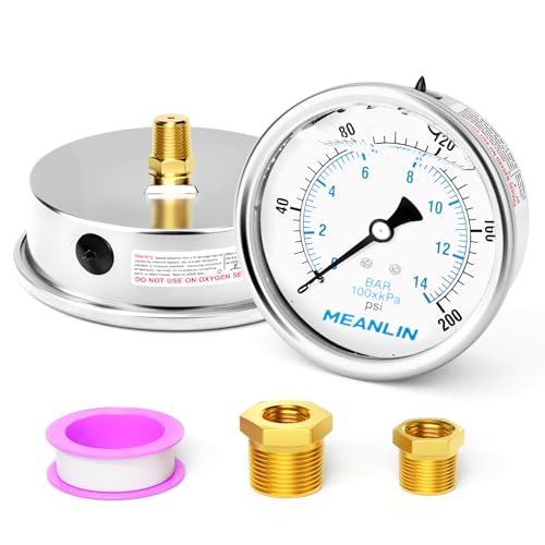 MEANLIN MEASURE 0~200Psi Stainless Steel 1/4" NPT 4" FACE DIAL Liquid Filled Pressure Gauge WOG Water Oil Air Back Mount, with 1/4" x 1/2" NPT and 1/4" x 3/8" NPT Hex Bushing