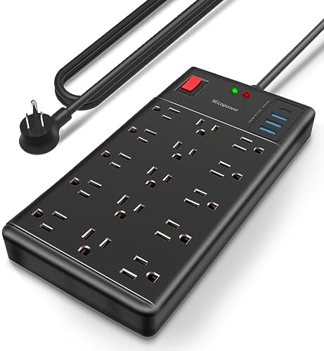 Surge Protector Power Strip-15 Widely Spaced Outlets and 4 USB Ports(1 USB C Port),14 AWG Extension Cord,1875W/15A Heavy Duty Power Strip Surge Protector 5 ft Cord,2800J,Black
