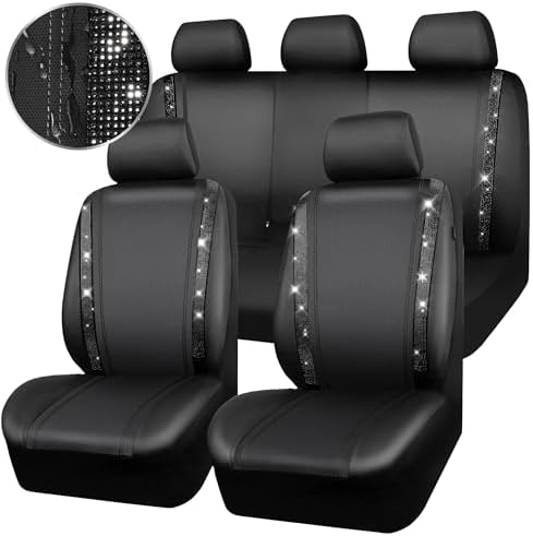 CAR PASS Diamond Leather Bling Car Seat Covers Full Set, Shining Rhinestone Waterproof Durable Rear with Zipper, Universal Fit Automotive Glitter Crystal Sparkle Strip for Cute Women Girly Black