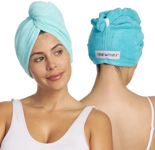 Turbie Twist 2-Pack Microfiber Hair Towel for Beauty, Travel, Gifting - Wrap Turban for Straight, Wavy & Curly Hair - Premium Personal Care - Dark Aqua & Light Aqua