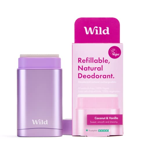 Wild - Natural Refillable Deodorant - Vegan & Eco-Friendly - Aluminum Free - Long Lasting Protection - Natural Ingredients - Starter Kit - Purple Case Coconut & Vanilla Refill - 1.4oz