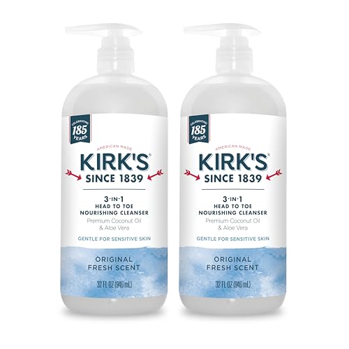 Kirk's 3-in-1 Head to Toe Nourishing Liquid Cleanser- for Men, Women & Children - Premium Coconut Oil & Aloe Vera- Non GMO & Vegan -Original Fresh Scent - 32 Fl Oz