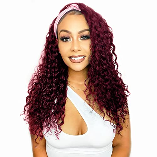 Red Burgundy Headband Wigs Human Hair Deep Wave 16 Inch None Lace Front Wigs Curly Human Hair Headband Wig Glueless Machine Made Deep Wave #99J Headband Wig for Black Women 150% Density…