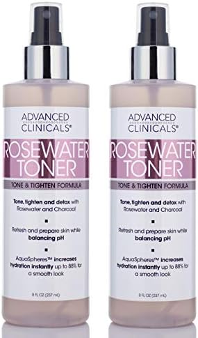 Advanced Clinicals Collagen + Rosewater Facial Mist Toner W/Charcoal & Aloe Vera. Alcohol-Free PH Balancing Formula Detoxifies & Hydrates Skin Improving Overall Skin Tone, Face Mist, 8 Fl Oz, 2-Pack