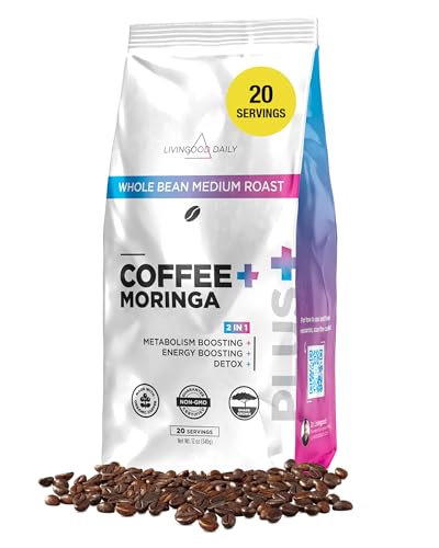 Livingood Daily Medium Roast Blend Coffee with Moringa, Whole Bean Coffee - Low Acid, Shade Grown & Made with Organic Coffee - Detox & Energy Boosting - 12 Oz