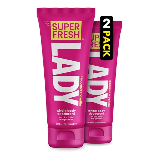 Whole Body Deodorant Lotion For Women by Super Fresh Lady | POWDER LOTION for Privates & Body to Stop Chafe & Odor | Aluminum Free | Coconut + Vanilla Scent | 4oz (2pk)