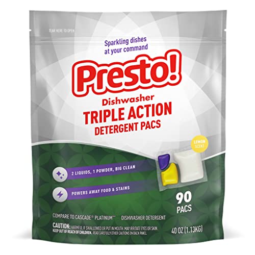 Amazon Brand - Presto! Triple Action Dishwasher Pacs, Lemon Scent, 90 Count