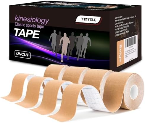 Pro VityElk Kinesiology Tape Uncut Elastic Sports Tape for Muscle Pain Relief & Support - Breathable Waterproof Athletic Tape for Joints, Back, Knees - 2In x 16.4ft /Roll (Beige 4 Roll)