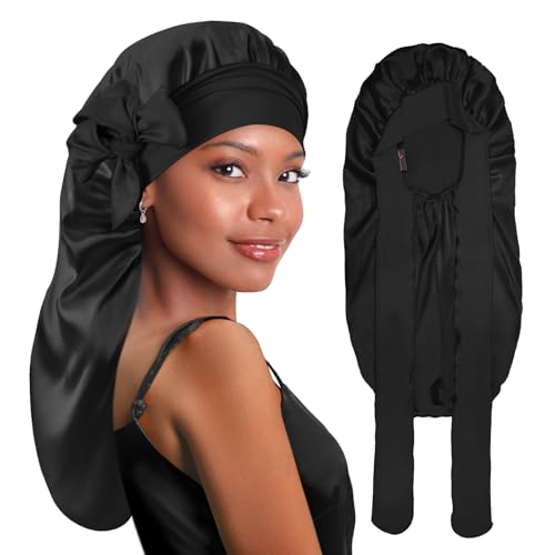 BONNET QUEEN Bonnet for Braids Silk Bonnet Satin Bonnet Braid Bonnet for Sleeping Large Long Hair Bonnet Sleep Cap with Tie Band Black
