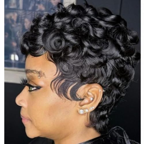 MOONSHOW Short Pixie Cut Wigs for Black Women Natural Black Pixie Cut Wigs with Bangs Short Curly Pixie Cut Wigs for Black Women Synthetic Black Short Wigs 1B Color Pixie Wig