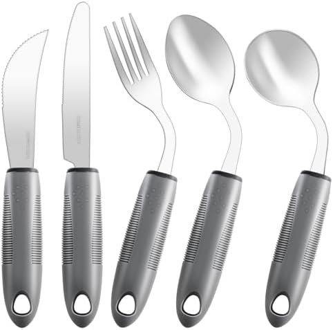 Adaptive Utensils,Weighted Utensils for Hand Tremors,Utensils for Parkinsons Patients,Elderly,Arthritis,Weak Hand Grip,Tremors&Handicapped.Stainless Steel Knife,Fork and Spoons Set (5pcs Right-Handed)