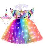 Light Up Unicorn Birthday Decorations for Girls Halloween Christmas Party Outfits LED Kids Princess Flower Tutu Sequin Dress 5 6 Year Old Gifts Cosplay Favors with Headband and Wings 5t - 6t Rainbow