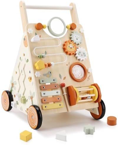 Wooden Baby Walker, Baby Push Walker with Activity Center for Girls Boys, Push Walker Toys for Babies Learning to Walk, Sit-to-Stand, for 10-12 Months 1 2 3 Years Old