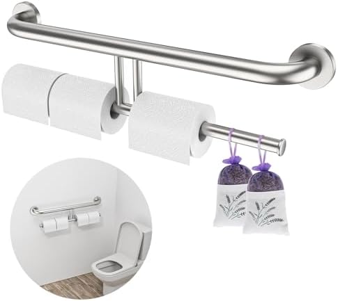 Brushed Nickel Handicap Grab Bars 24 Inch, Stainless Steel Bathroom Safety Grab Bar w/Toilet Paper Holder, Wall Mounted Tissue Paper Roll Holder, Assistance Toilet Shower Handle for Elderly Senior
