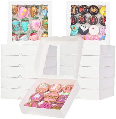 50pcs 8x8x2 Inches White Bakery Boxes with Window Cookies Boxes Chocolate Covered Strawberries Boxes Pretzel Boxes Cakesicle Browines Boxes Treat Boxes for Christmas