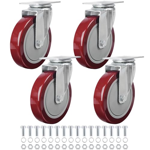 Finnhomy 5 Inch Casters Wheels Set of 4 Heavy Duty Plate Swivel Casters for Furniture/Workbench Premium Industrial Wheels 3000 Lbs Anti-wear Smooth Casters Red (Free Screws)