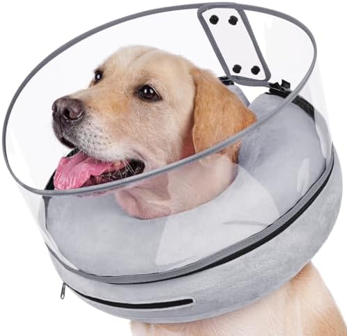 BARKLESS Inflatable Dog Cone, Protective Dog Surgery Collar to Stop Licking Biting Wounds, Soft Donut Cone with Detachable Clear Shield, Adjustable Blow-up Collar for Surgery Recovery (Grey, S)