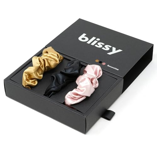 Blissy Silk Scrunchies (3 Pack) - 100% Pure Mulberry Silk - 22 Momme 6A High-Grade Fibers - Silk Scrunchie for Straight & Curly Hair (Black/Gold/Pink, Skinny)