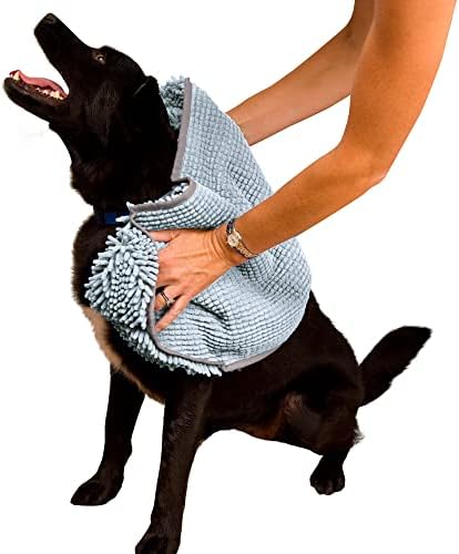 Soggy Doggy Super Shammy Dog Towel, Washable Microfiber Dog Towels for Drying Dogs and Cleaning Paws, Fast-Drying Dog Bath Towel with Hand Pockets, Gray/Gray Trim, 31 x 14 Inches