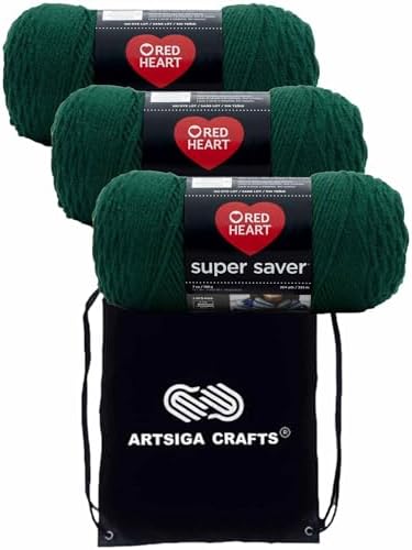 Red Heart Super Saver Hunter Green E300-389 (3-Skeins - Same Dye Lot) Worsted Medium #4 Acrylic Yarn for Crocheting and Knitting with Project Bag