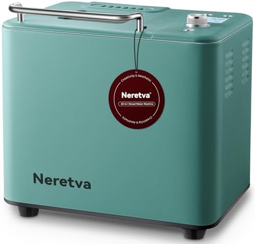 Neretva 20-IN-1 Bread Maker, Dual Heater 2LB Bread Machine Nonstick Ceramic Pan Bread Maker Machine All Metal Compact for Gluten Free/Dough Maker/Dried Meat Floss/Jam/Yogurt, Breadmaker Recipe-Green