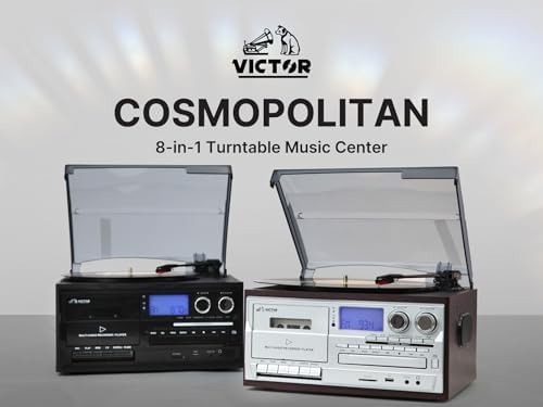 Victor VWRP-4200 Cosmopolitan 8-in-1 Turntable Music Center with 3-Speed Record Player, CD/MP3/Cassette Player, AM/FM Radio, Dual Bluetooth in & Out, USB Playback & Recording