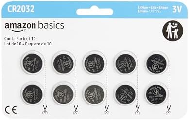Amazon Basics 10-Pack CR2032 Lithium Coin Cell Battery, Compatible with AirTag, 3 Volt, Long Lasting Power, Mercury-Free