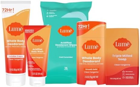 Lume Skin Care Gift Set for Women, Whole Body Deodorant Starter Pack -Smooth Solid Stick, Invisible Cream Tube, Acidified Body Wash Mini & Deodorant Wipes -Aluminum Free Odor Control (Clean Tangerine)