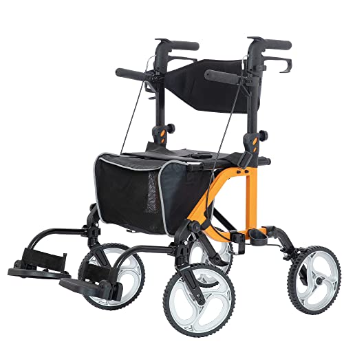 ELENKER 2 in 1 Rollator Walker & Transport Chair, Folding Wheelchair with 10” Non-Slip Wheels for Seniors, Reversible Backrest & Detachable Footrests, Orange