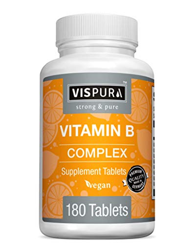 VISPURA Vitamin B-Complex, 180 Vegan Tablets, All B Vitamins Including B12, B1, B2, B3, B5, B6, B7, B9, Folic Acid, for Stress, Energy and Healthy Immune System*, Natural Supplement Without Additives