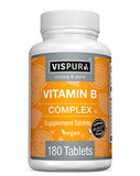 VISPURA Vitamin B-Complex, 180 Vegan Tablets, All B Vitamins Including B12, B1, B2, B3, B5, B6, B7, B9, Folic Acid, for Stress, Energy and Healthy Immune System*, Natural Supplement Without Additives