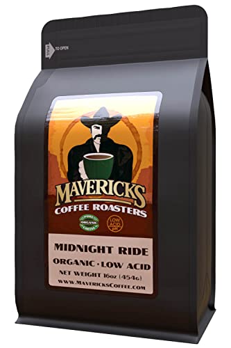 Mavericks Low Acid Coffee - Midnight Ride Blend - Organic and Non-GM0 (Coffee Ground) 16 oz - Bold and Smooth Dark Roast with 90% Less Acid - Safe for GERD and Keto Diets