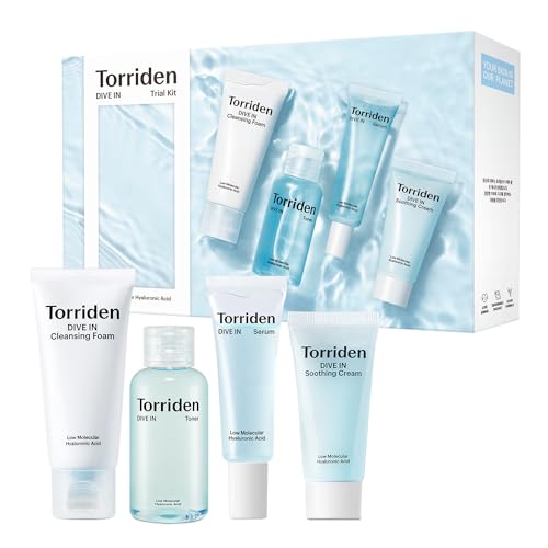 Torriden DIVE IN Trial Kit | Hyaluronic Acid Infused Daily Skincare Kit - 4 Step Regimen with Foam Cleanser, Facial Toner, Serum, and Cream | Korean Skin Care Set