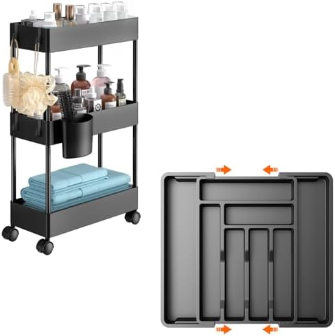 Pipishell Convenient Storage Partners: Kitchen Silverware Organizer & Slim Storage Cart with Wheels