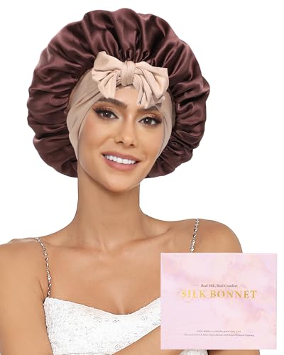 100% Mulberry Silk Bonnet for Sleeping Women Double Layer Silk Hair Bonnet Natural Silk Sleep Cap with Elastic Reversible Hair Wrap (Coffee + Champagne)