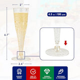 JOLLY CHEF 100 Pack Plastic Champagne Flutes Disposable 4.5 oz Gold Glitter Plastic Champagne Glasses Perfect for Wedding, Thanksgiving Day, Christmas