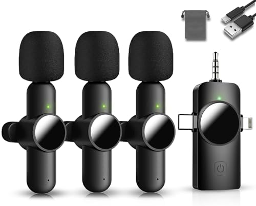 3 in 1 Mini Microphone,Wireless Lavalier Microphones for iPhone Android Camera USB-C,2.4G Ultra-Low Delay,Noise Reduction,Microphone Video Recording, Live Streaming (Black, 3microphone)